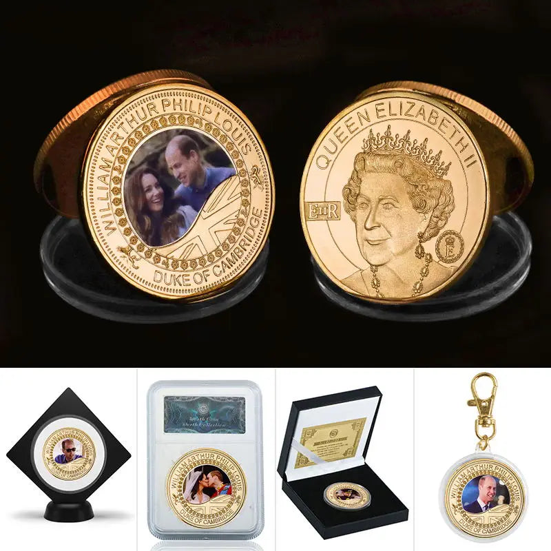 Prince William Catherine UK Gold Plated Commemorative Coin British Royal Family Challenge Coin Queen Elizabeth II Souvenir Gifts