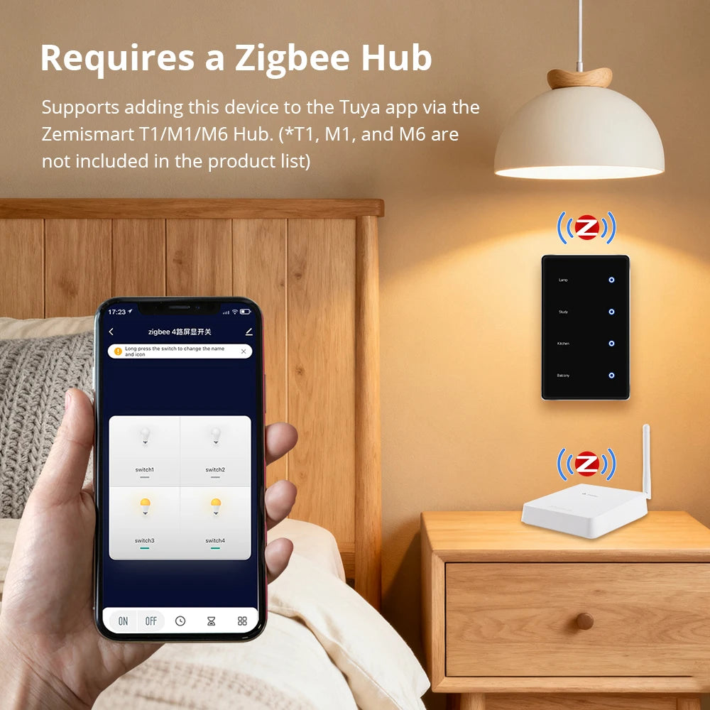 4 Gangs Zigbee Smart DIY Name Lights Switch Sensing Function Voice Control Black Panel Touch Screen Light Switches US Type Neutral Required Works with TUYA App Control  Smart Life App