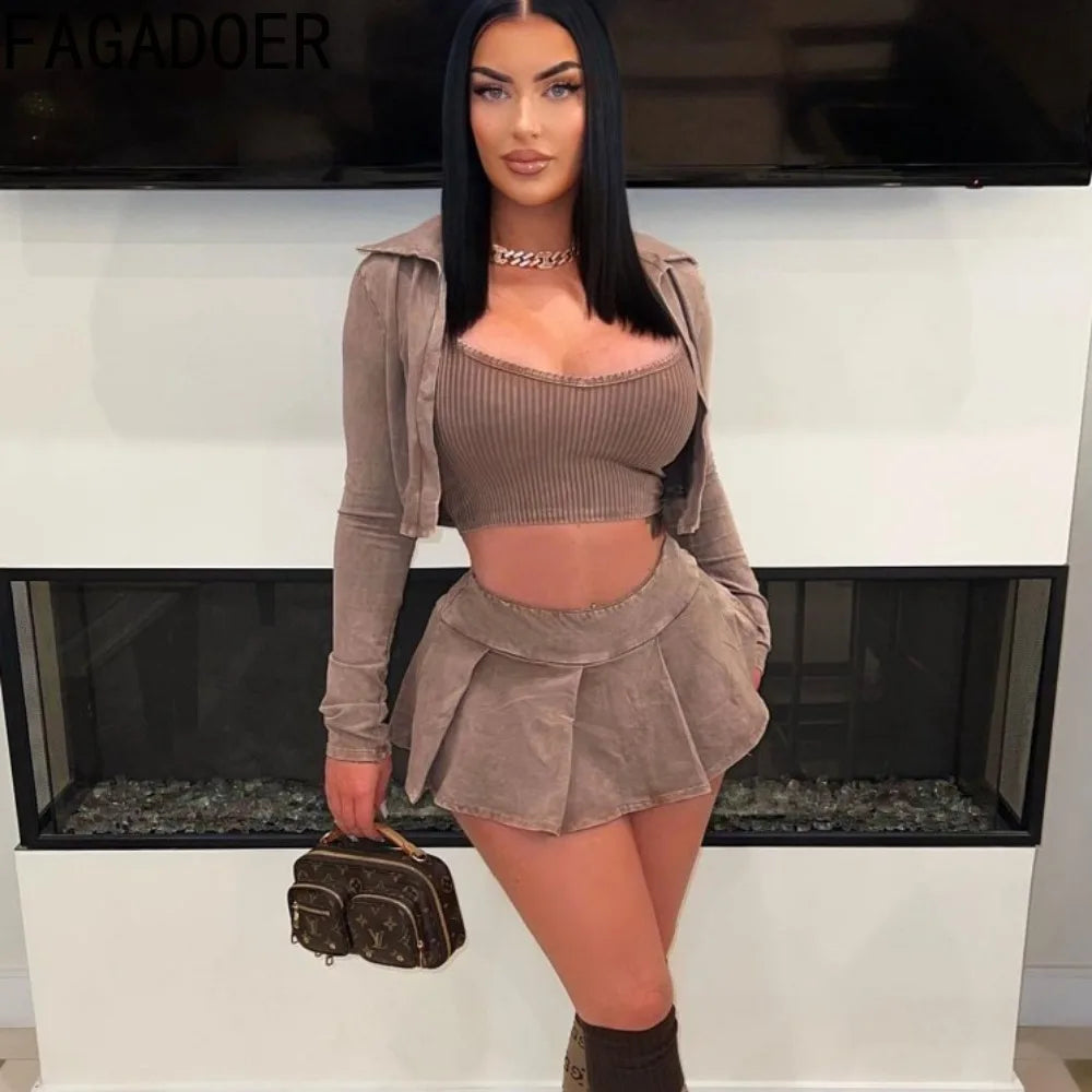 NEW Arrivals 3PCS Set UK/Asian Big Size Fashion Tie Dye Vintage Y2K Street Women Vest +Long Sleeve Coat +Mini Pleated Skirts Outfits Female Thick Rubber Clothing Girls Sexy Fashion Apparel Products