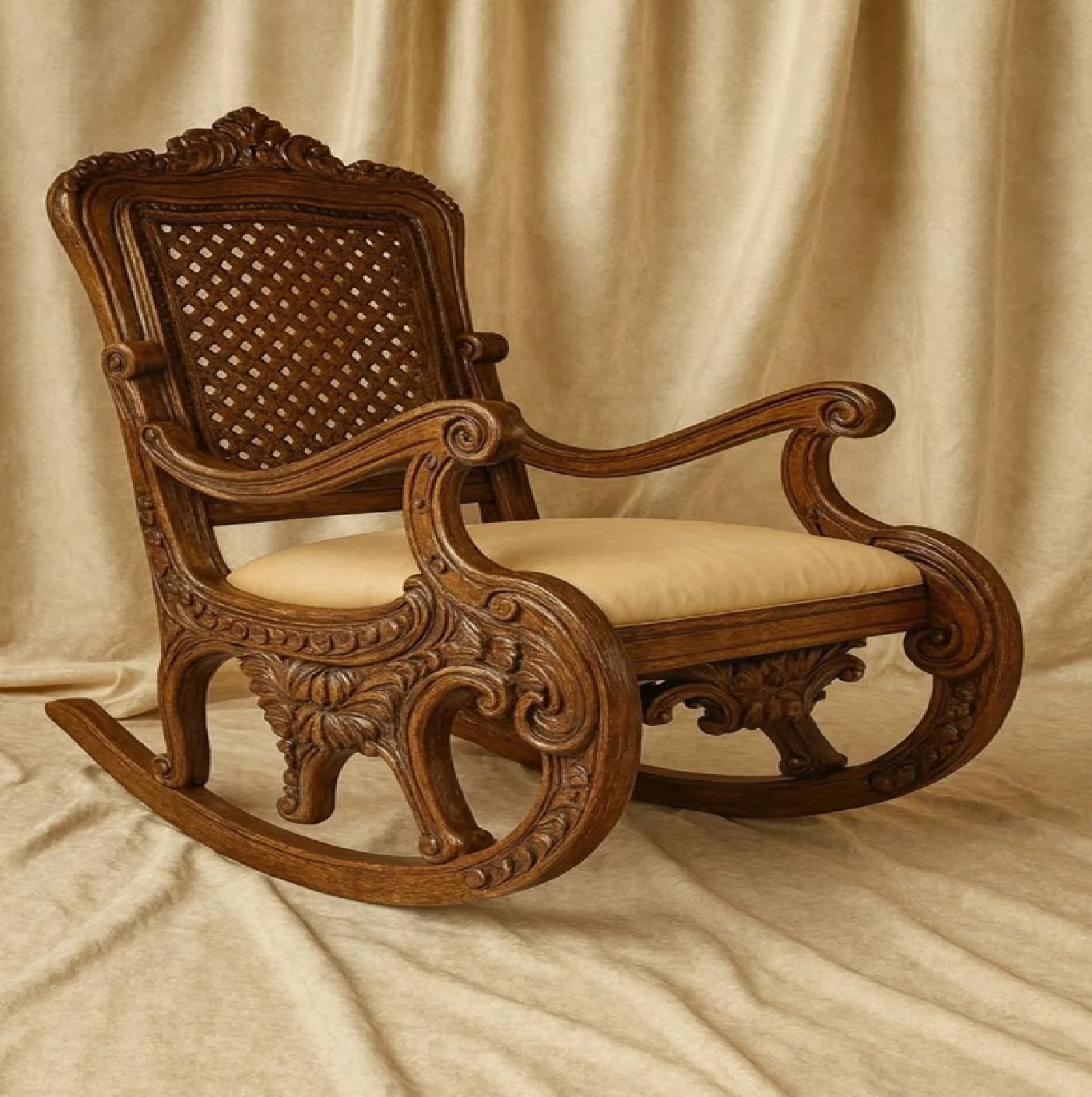 Home Villa Living Room Royal Luxury Ornate Wooden Rocking Chair with Elaborate Hand-Carved Details and Black Leather Upholstery Luxury Furniture Supplies