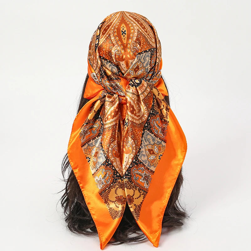 New 90x90cm 18 Colors Silk Shawl Satin Square Scarf For Women Paisley Neckerchief Female New Headband Hair Bands Print Foulard Hijab Wraps Bandana Women Apparel Accessories