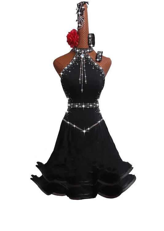 Adults/Children XXXS-2XL 5PCS Set Latin Dance Competition Dress New Performance Dress High-grade Black  Sexy Fishbone Curling Skirt-Dresses