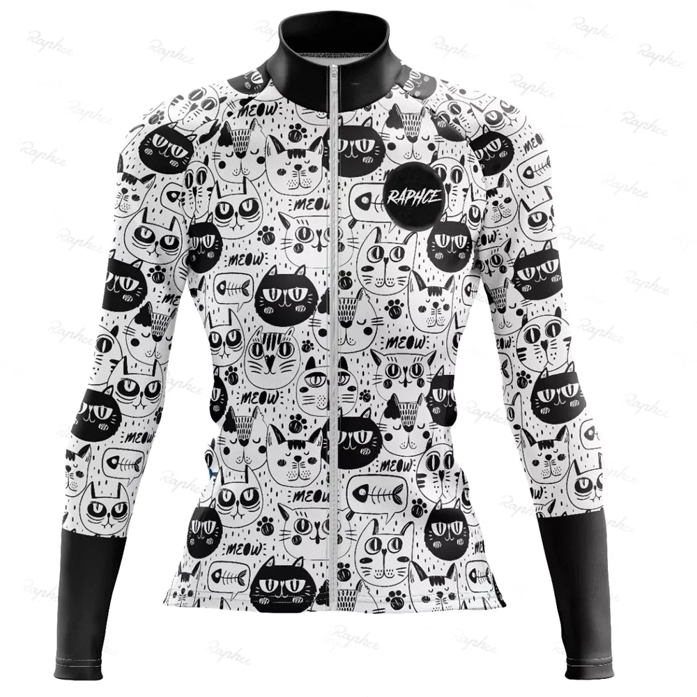 NEW Arrivals S-3XL Plus Size Long-Sleeved Road Bike Cat Pattern Cycling Jersey + Leggings  Summer Quick-Drying Breathable Slim Cycling Long-Sleeved Cycling Jersey Women Sports Apparel Supplies