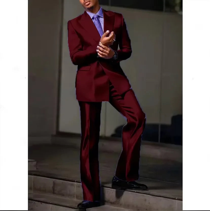 8 Colors 2 PCS Set S-7XL Extra Plus Size Luxury Men‘s Satin Suit Peak Lapel Slim Fit Tuxedo Jacket Straight Leg Pants Formal Outfit Wedding Prom Party Groom.