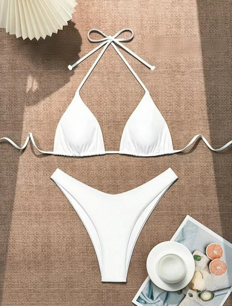 2 PCS Set UK 8-16 Size (S-XL)  8 Colors Women Thong Bikini Sexy Solid White/Black/Coffee Halter Swimsuit Lace Up Brazilian Bathing Suit New Double Fabric Beachwear