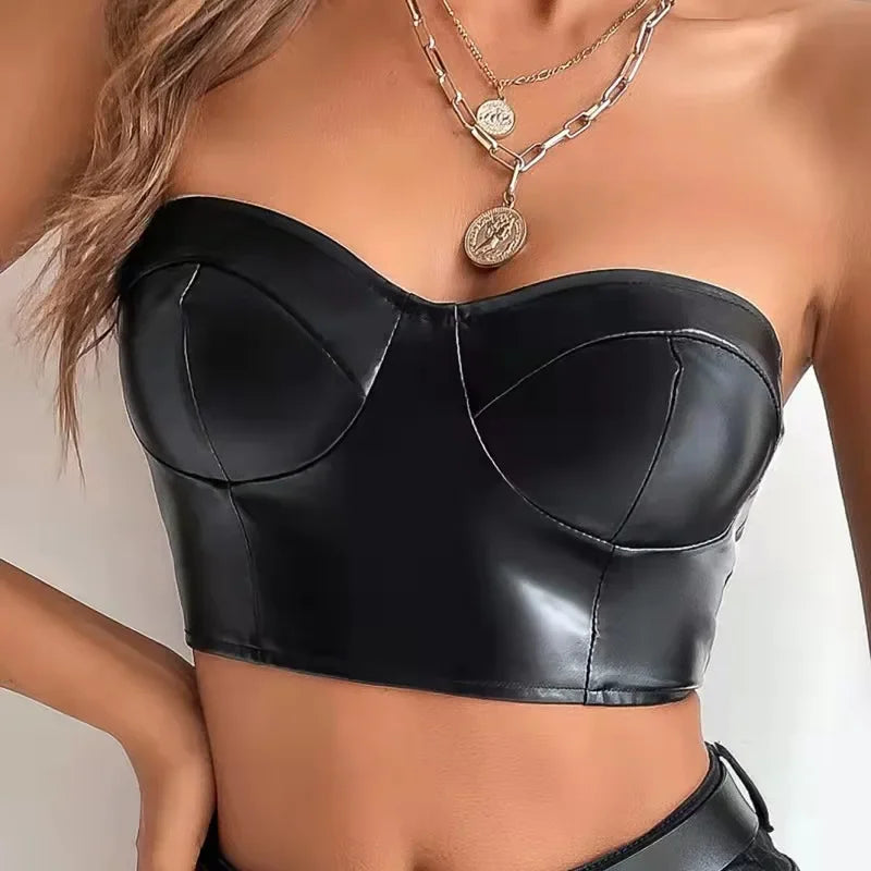 Black/Dark Brown Color S-XL Sexy Tank Top Glossy PU Leather Halter Crop Tops Women Wrap Chest Bare Midriff Camisole Sleeveless  Tube Top Female Cropped Vest