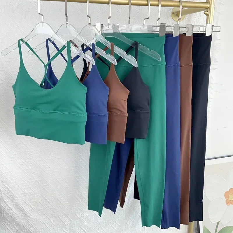 2 PCS Yoga Set 7 Colors Sportswear Fitness Suits Sexy Cross Back Yoga Tops Elasticity High Waist Leggings Running Sports Clothing👚👍️