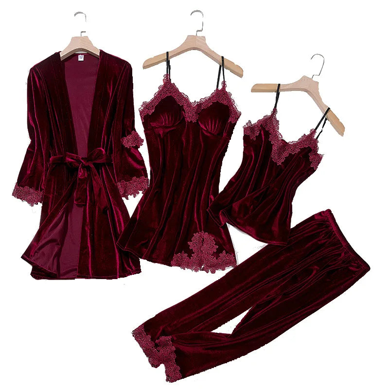 Luxury Velvet 4PCS Set M-2XL 4 Colors Pajamas Set Autumn Female Sleepwear Lounge Wear Sexy Burgundy Lace Bathrobe Nightgown Loose Velour Girls Ladies Luxury Home Wear Apparel Products