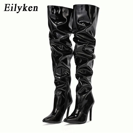 Red Women Over The Knee Boots High Heels Patent Leather Solid Pointed Toe Stiletto Side Zipper