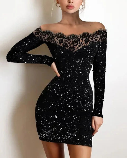 New Arrivals Luxury Spring Women's Female Elegance, Leisure, Sexy Long Sleeved Lace Edge, One Shoulder Silver Powder Sprinkled Dress Evening Wedding Birthday Party Night Clubwear Girls Ladies Luxury Fashion Clothing Supplies