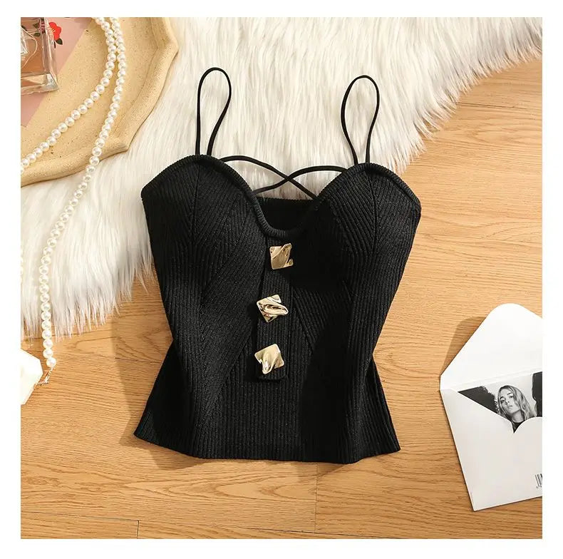 NEW Arrivals Black/White Color Knitted Camisole Sexy Tank Top Women's Summer Outerwear Sexy and Spicy Girl's Inner Layer with A Bottom Top