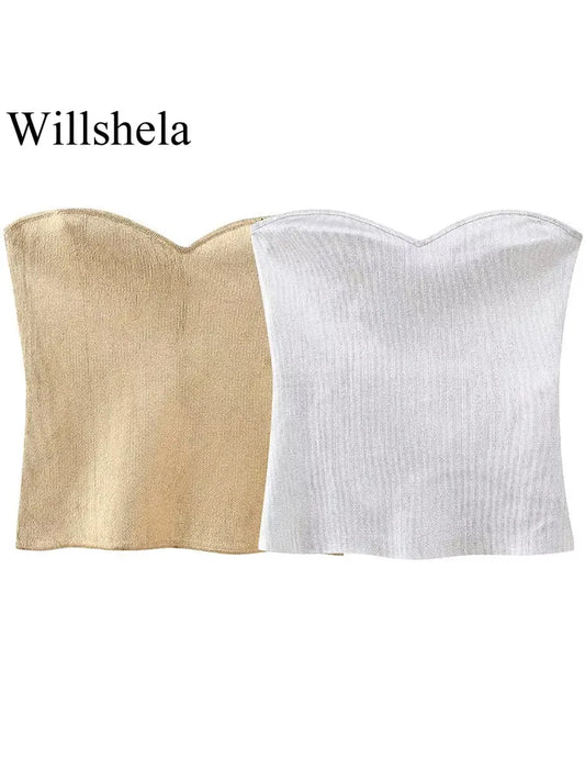 Willshela Women Fashion Solid Side Zipper Knitted Backless Corset Vintage Strapless Female Chic Lady Tank Tops