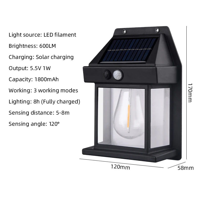 4 PCS Set Home Outdoor Solar Tungsten Wall Lamp Human Body Induction Dimmable Lithium Battery IP65 Waterproof LED Night Filament Light for Gardens Garage Courtyard
