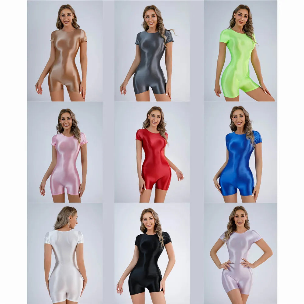 10 Colors Sexy Women Yoga Shaper Tight Oil Glossy Shiny Tube Bodysuit Elastic One Piece Thong Candy Color Sexy Tights Bandage Satin Shaper Leotard Short Tights Sports Apparel Clothing Supplies