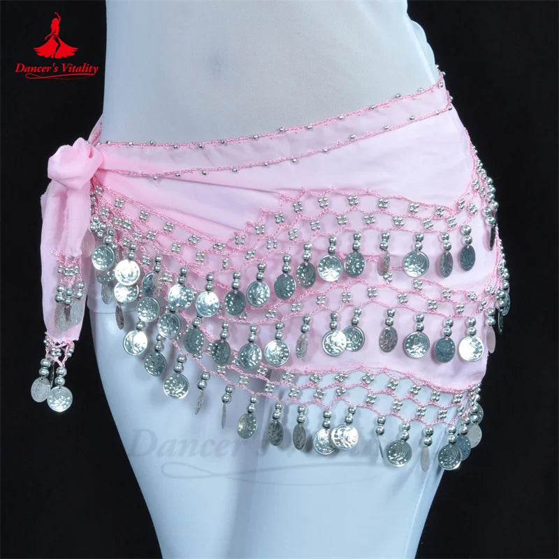 NEW Arrivals Belly Dance Belt for Women Chiffon Gold Coins Oriental Dancing Wear Accessories Girl's Chiffon Silver Coins Belly Dance Hip Scarf