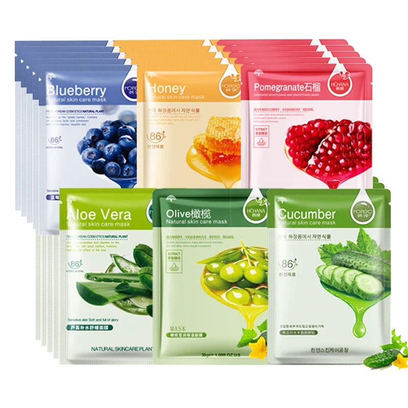 NEW Arrivals 20PCS Set 7 Natural Fruit Patterns Natural Plant Facial Mask Moisturizing Oil Control Anti-Aging Fruit Aloe Korean Hyaluronic Acid Sheets Face Mask Beauty Skin Care Products