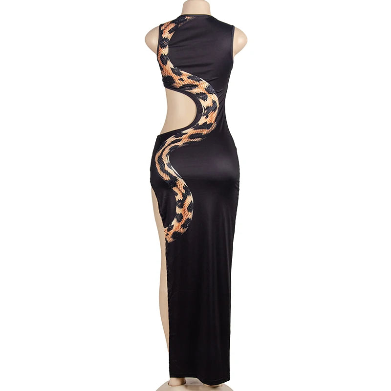 NEW Arrivals Women Girls Luxury Snakeskin Dress Woman Summer Evening Party Dress Sexy Hollow Sleeveless Splits O-Neck Fashion Coquette Night Party Clubwear Skinny Outfit Female Ladies Luxury Fashion Clothing Supplies