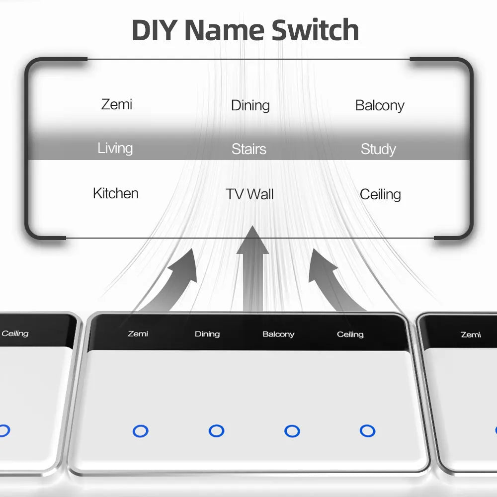 4 Gangs Zigbee App Control DIY Name Switch Horizontal Display Touch Screen US Light Switch Works with TUYA Alexa Google Home Voice Control Home Office Lighting Accessories