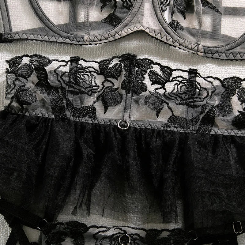 Women's Sexy Underwear Black Flower Lace Embroidered Skirt Four-Piece Mesh Thin Erotic Lingerie Seductive Bra Set