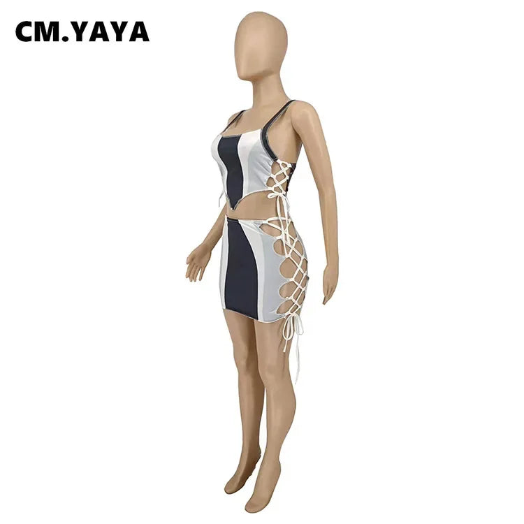 NEW Arrivals 2PCS Set S-2XL Women Set Patchwork Strap Crop Tops Bandage Hollow Out Skinny Mini Skirts Two 2 Piece Sets Tracksuit Sexy Outfit Summer Evening Beach Party Night Clubwear