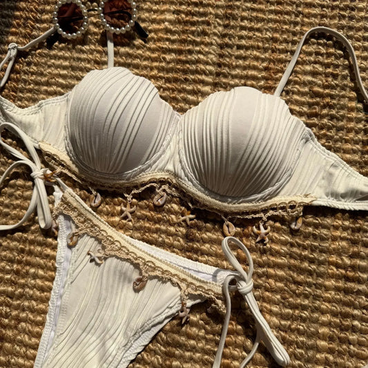 NEW 5 Colors UK Size Shell Scalloped Wrinkled Underwired Bra Cup Bikini Female Swimsuit Women Swimwear 2PCS Bikini Set Push Up Ladies Bathing Suit