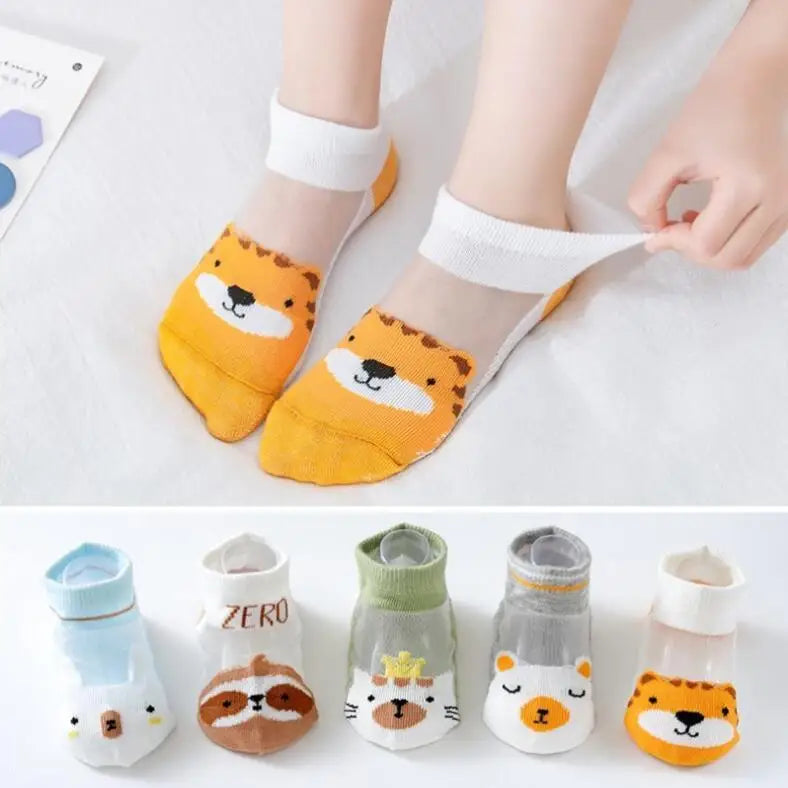 5 Pairs Set 0-12Y Summer Cotton Newborn Kids Socks Cute Cartoon Thin Mesh Baby Short Socks Dinosaur Bear Children Socks for Boys Girls Apparel Accessories
