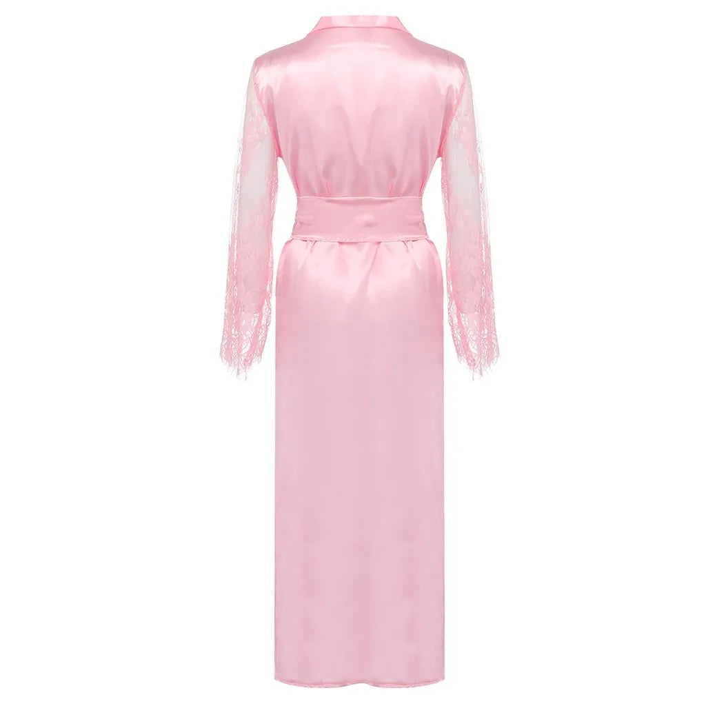 Women Satin Silk Long Nightdress Robe Lace Lingerie Sleepwear Sexy Robe Nightgown Floor Length Female Bathrobes Sleepwear