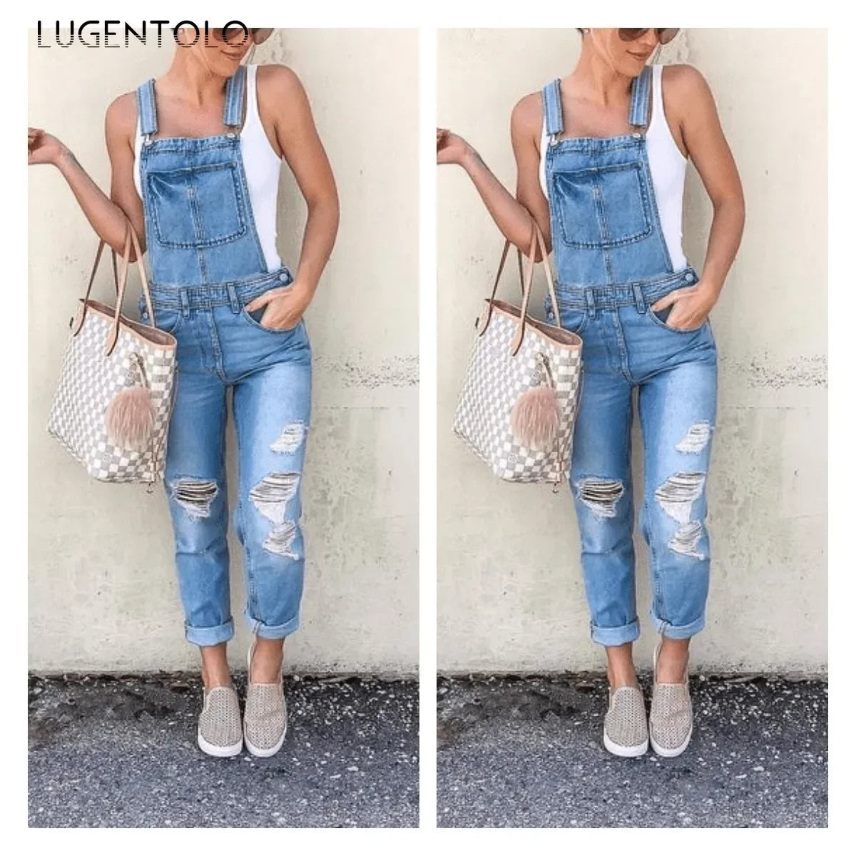NEW Arrivals UK Size S-3XL Women Hole Denim Jumpsuit Overalls Casual Sport New Suspenders Ripped Female Washed Pocket Street Straight Leg long Jumpsuits