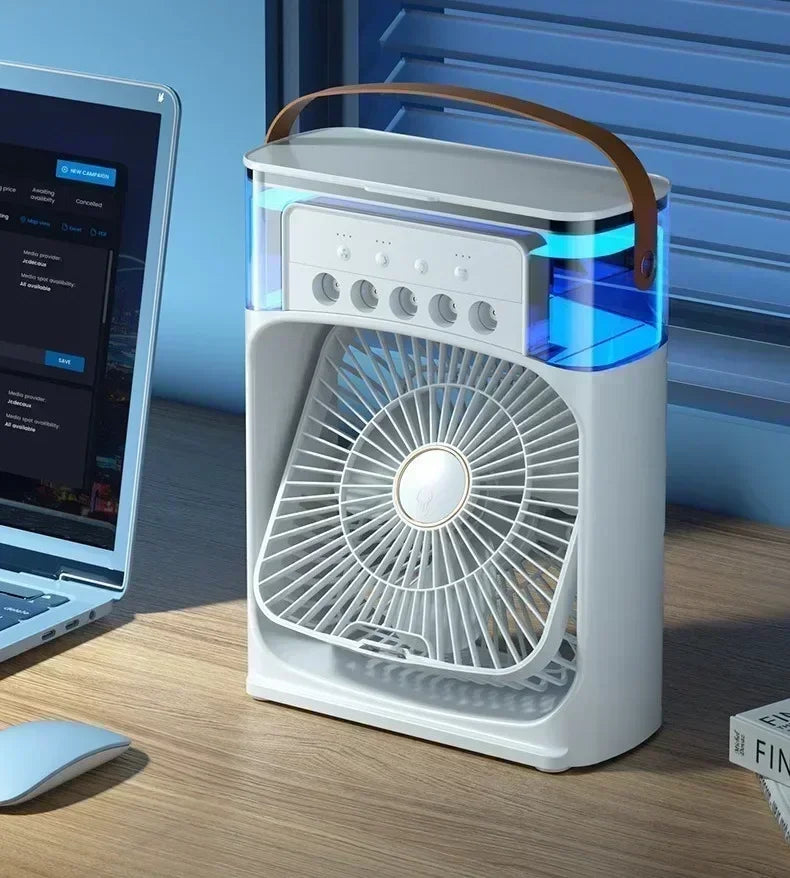 Save Energy Mini Portable Cooling Fan with USB Charging Water Mist Air Conditioner LED Lights Night Light for Home Office Desk Humidifier Cooling Devices.