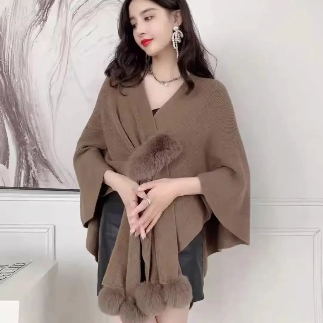 NEW Arrivals 5 Color High Quality Autumn Winter Warm Oversize Cloak Knitted Criss-Cross Poncho Capes Women Female Loose Faux Fur Ball Streetwear Cardigan Shawl Knitwear Girls Ladies Luxury Apparel Accessories Clothing Supplie