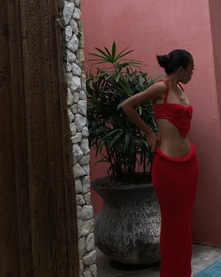 BRAND NEW 2PCS Set  Red/White S(8)-XL(16-18) UK Size Sexy HOT Crochet Knit Skirts Set Women Sexy Hollow Out Lace Up Crop Tops Hip Package Split Long Skirt Ladies Beach Outfits