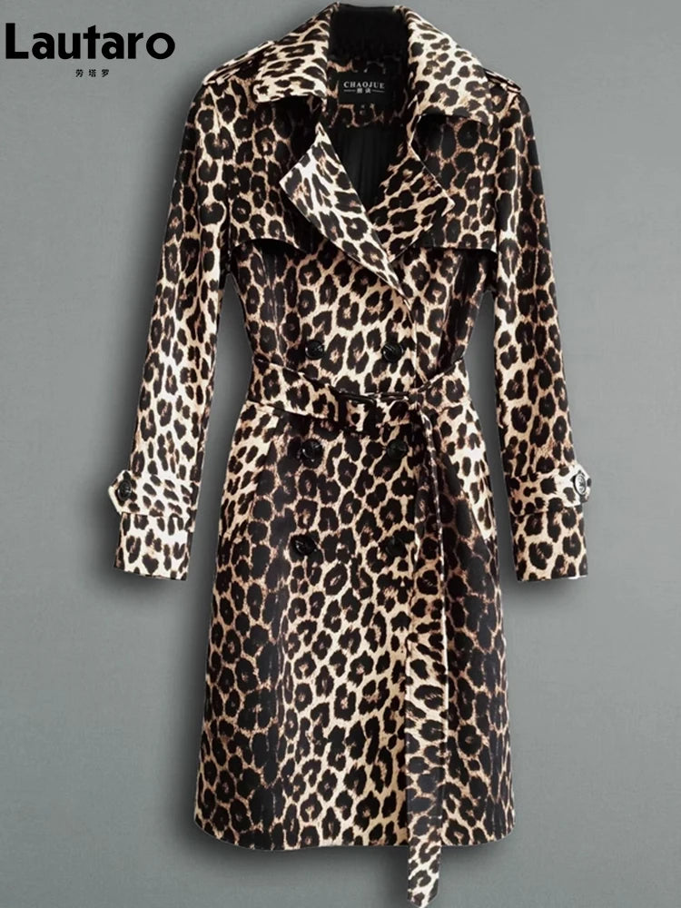 Lautaro Spring Autumn Long Stylish Leopard Print Trench Coat for Women Belt Double Breasted Casual Luxury Designer Clothes