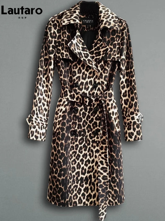 Lautaro Spring Autumn Long Stylish Leopard Print Trench Coat for Women Belt Double Breasted Casual Luxury Designer Clothes