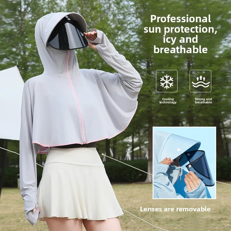 1/2/4 PCS Ice Silk Set 5 Colors Women's UV Protection Cape Hoodie Ice Silk Breathable Sun Shirt Spring Summer Loose Fit Jacket for Outdoor Hiking Sun Protection
