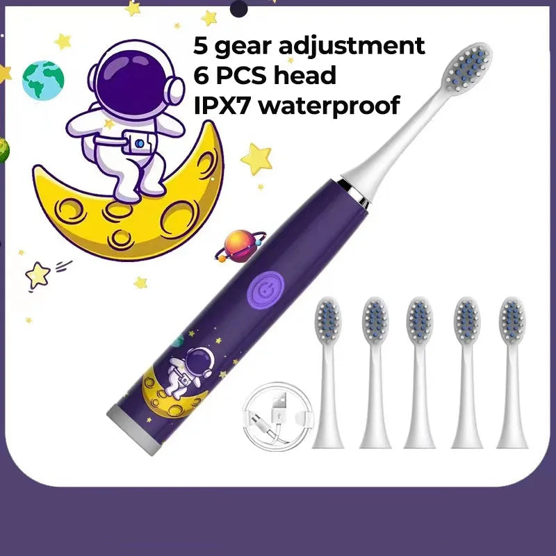 Sonic Children Electric Toothbrush + 6 Heads Full Set Rechargeable Colorful Cartoon Brush For Kids Automatic IPX7 Waterproof With Replacement Head Children Oral Hygiene Supplies