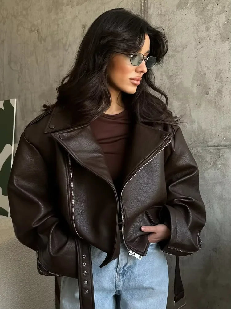 UK Size Casual Dark Red/Burgundy Color  Zipper Leather Short Jackets Women Long Sleeve Lace Up Lapel Loose Button Coat Lady Daily High Street Wear