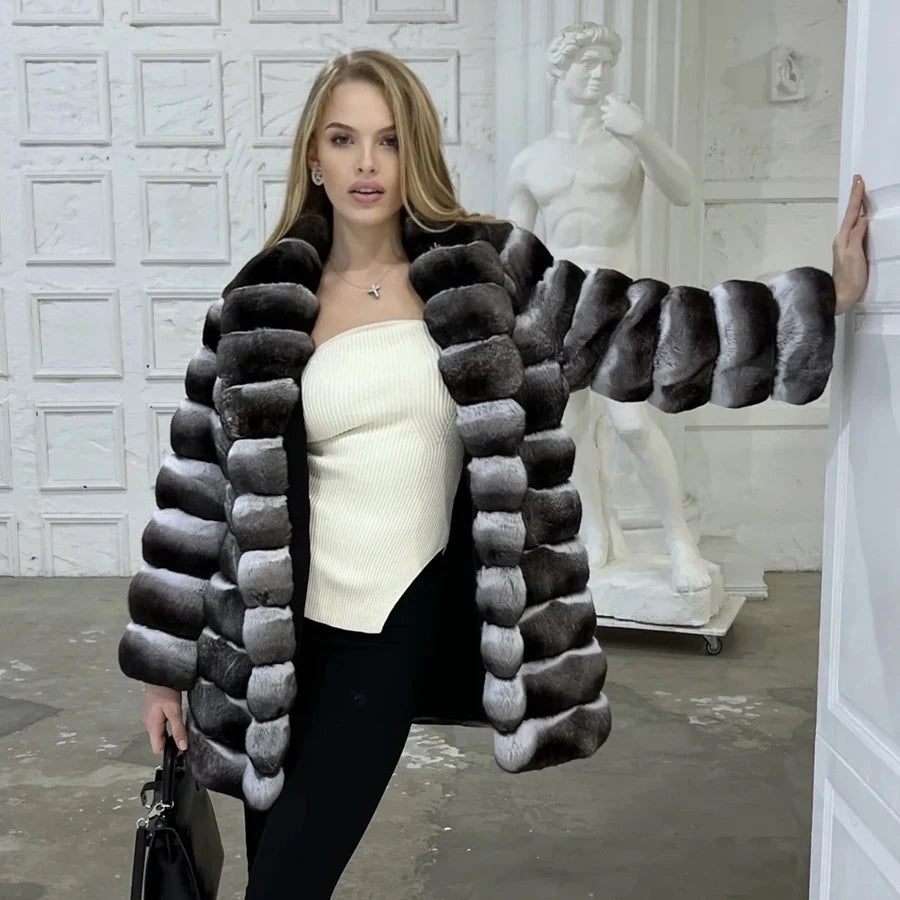 NEW Arrivals UK S-4XL Size 3 Colors Women Luxury Chinchilla Natural Rex Rabbit Fur Coat With Fur Collar Warm Winter Jacket Women Warm Chinchilla Fur Jacket Real Fur Coat