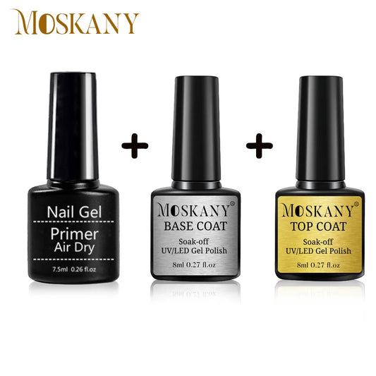 NEW Arrivals 3 PCS Set Acrylic No-Acid Nail Art Set With Base Coat + Top Coat + Primer Air Dry Soak Off Gel Nail Polish For Nail Art Design Tool Kit Women Manicure Pedicure Nail Care Accessories Cosmetic Supplies