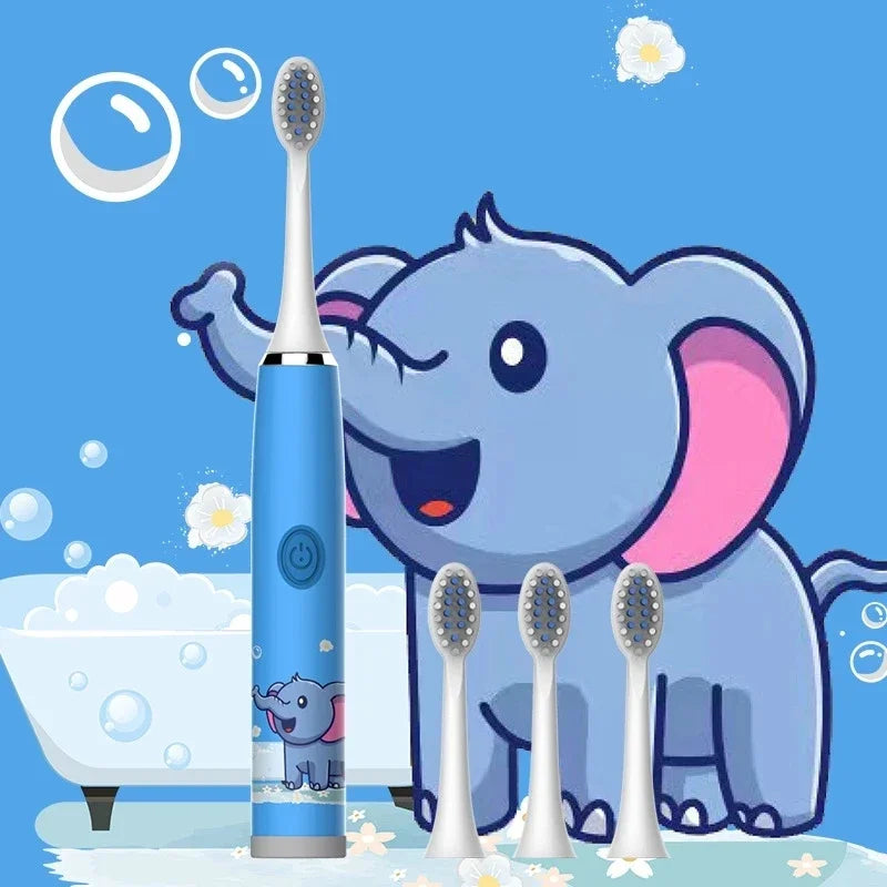 Colorful Sonic Children's Electric Toothbrush Rechargeable Cartoon Design Automatic IPX7 Waterproof with 5 Replacement Heads Children Oral Hygiene Supplies