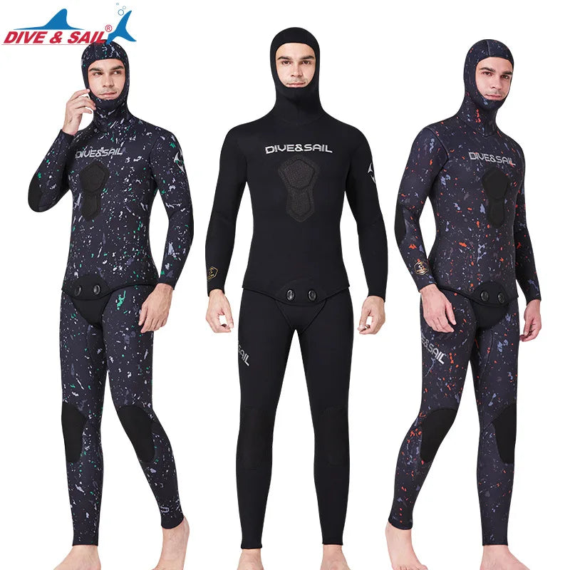 7MM Neoprene Material Thick and Warm S-3XL Extra Plus Size Women Men Wetsuit Top Quality Hooded Split Professional Thermal Diving Suit Water Sports Kitesurf Spearfishing Snorkeling Surfing Suit