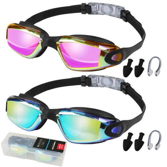 2PCS Goggles Adults/Children  Set + Earplugs No Leaking Anti Fog Professional Swimming Goggles Adjustable with Earplugs Storage Box Swimming Water Pool Glasses for Beach Swim Sports Adults Kids