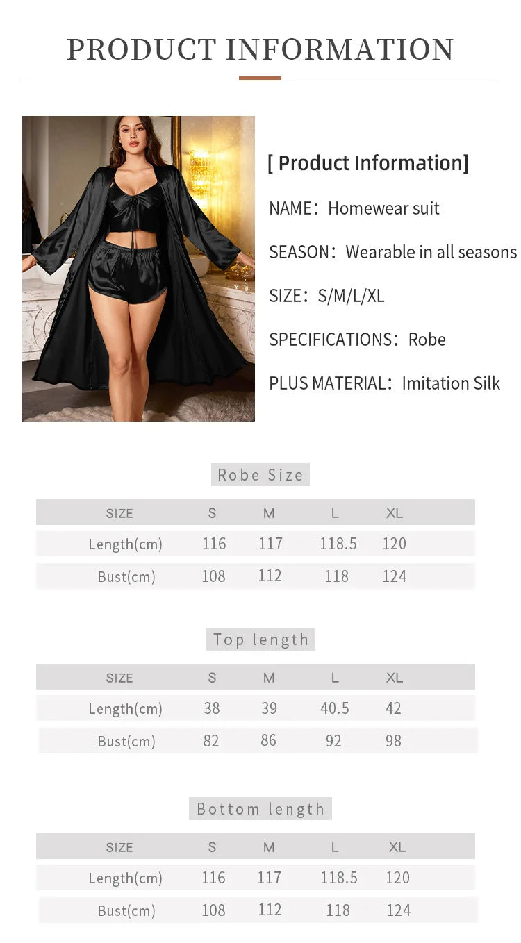3 PCS Set S-XL Black/Champagne Color Ice Silk Sexy Women Pajamas Ladies Nightgowns Satin Robes Nightdress Sling and Short Women Robe Ladies Luxury Sensual Underwear Ensemble Clothes