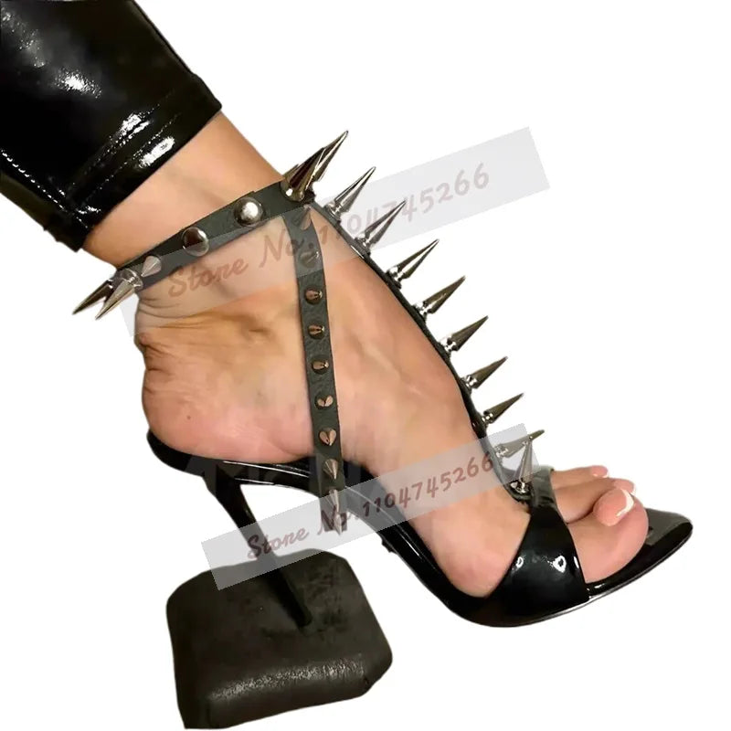UK (3-10) Size Women Golden Metal Long Rivets High Heel Sandals Black Glossy Patent Leather Stiletto Heels Pumps Metal Spikes Banquet Shoes
