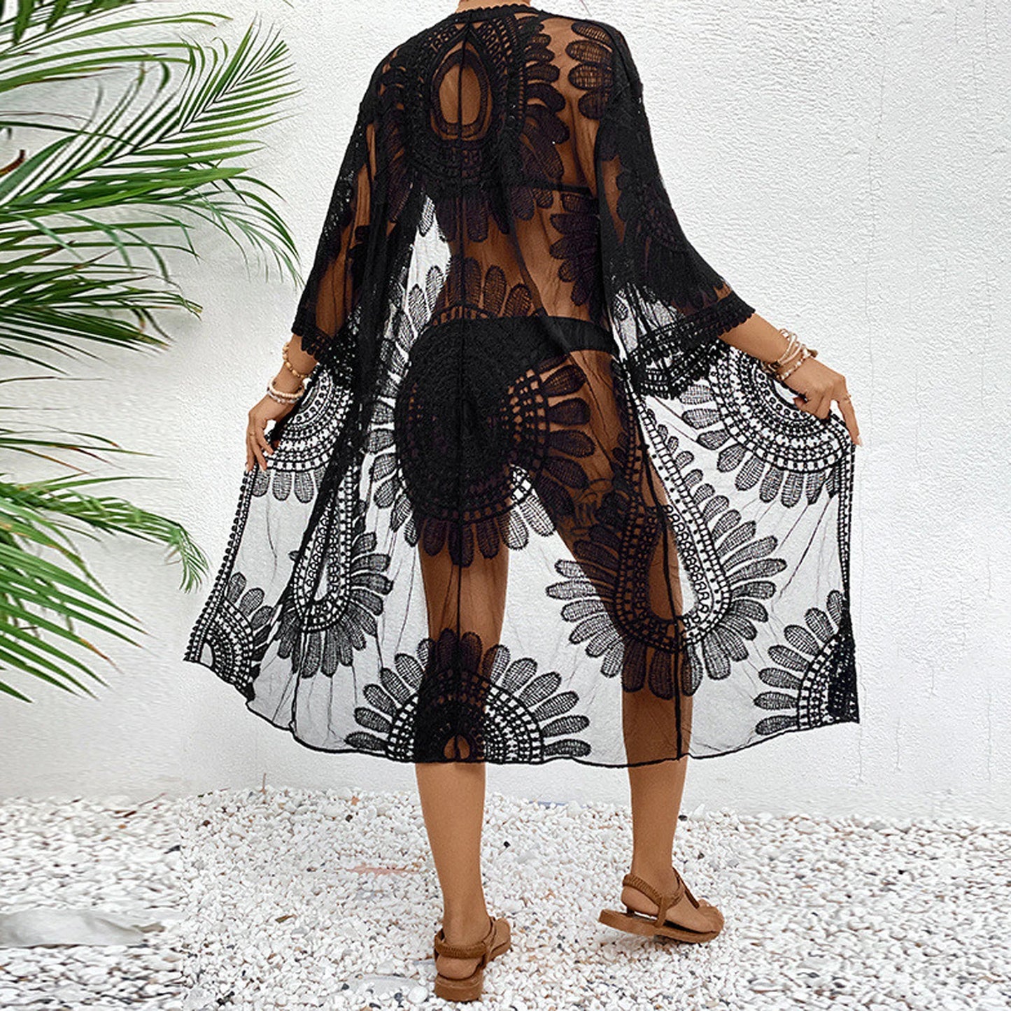 BRAND NEW Sexy Mesh Flower Bikini Cover Ups for Women Floral Embroidery See-Through Lace Beach Kimono Swimsuit Bathing Suit Ladies Summer Clothes