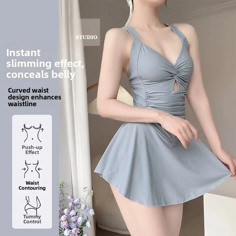 4 PCS Set Women's Swimsuit Dress + Swimming Cap + Goggles + Mobile Phones Bag + Nose Clip Earplugs Conservative Slimming Korean Style Sporty Hot Spring Swimming Suit Pure Color Skirt Style Gathered Bathing Sets