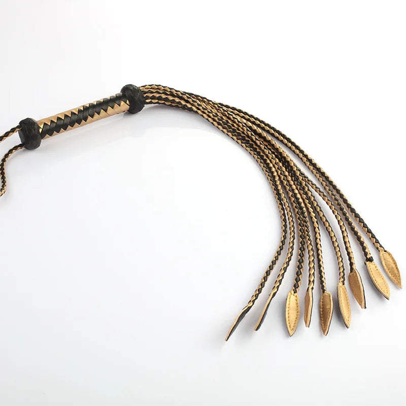 60CM Genuine Leather 9 Braids Horse Whip, Horse Training Real Leather Whips, Leather Covered Handle With Wrist Strap
