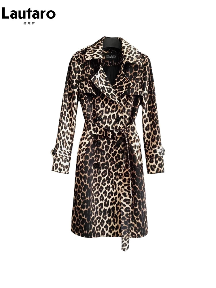 Lautaro Spring Autumn Long Stylish Leopard Print Trench Coat for Women Belt Double Breasted Casual Luxury Designer Clothes