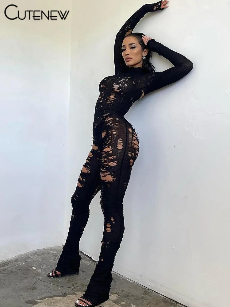 Cutenew Women's Knit Hollow Out Jumpsuits Sexy Turtleneck Full Sleeve One-pieces Pants Slim Overalls Party Clubwear Streetwear