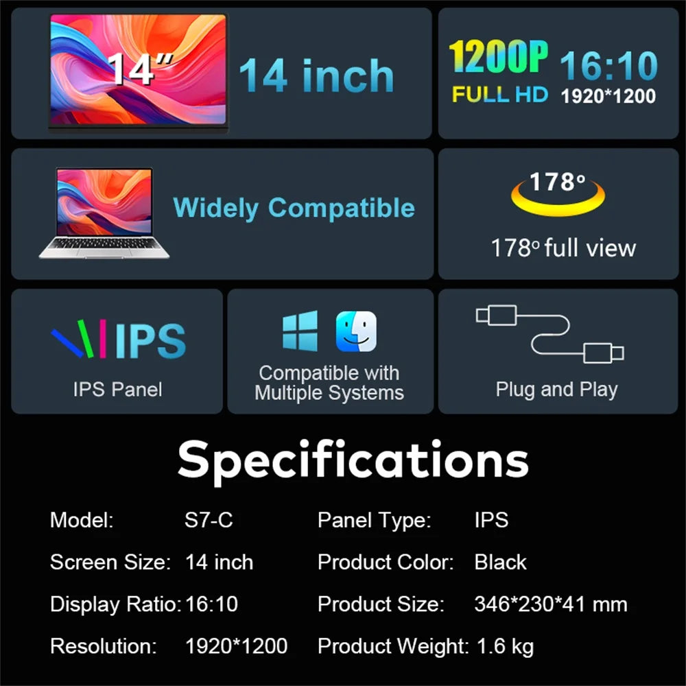 14" to 16" Inch 1080P-2560P Dual Screen Extender Display FHD IPS Triple Expandable Monitor High Definition for Laptop Productivity