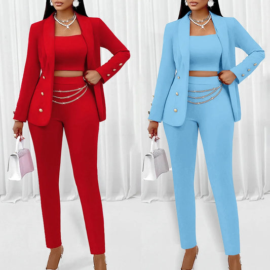 NEW Arrivals 3PCS Set UK S-2XL Size Women Luxury Strapless Y2K Tops Pants Coat Full Sleeve Blazer Turn Down Collar Coats Long Pants High Waist Matching Sets